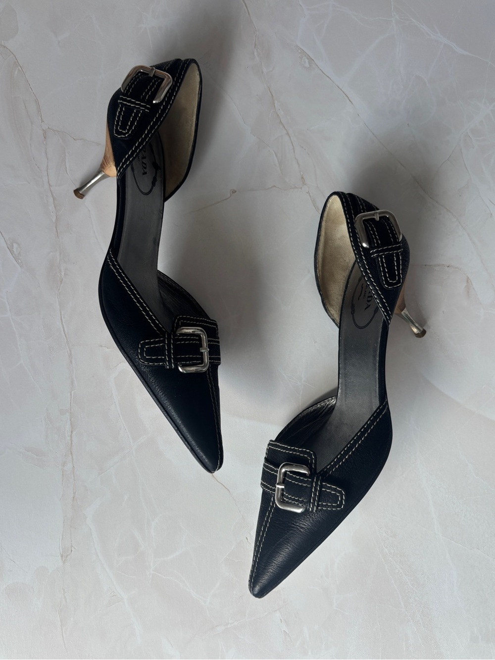 vintage Y2K Prada black leather silver buckle pointed toe kitten heel - Picture 5 of 7